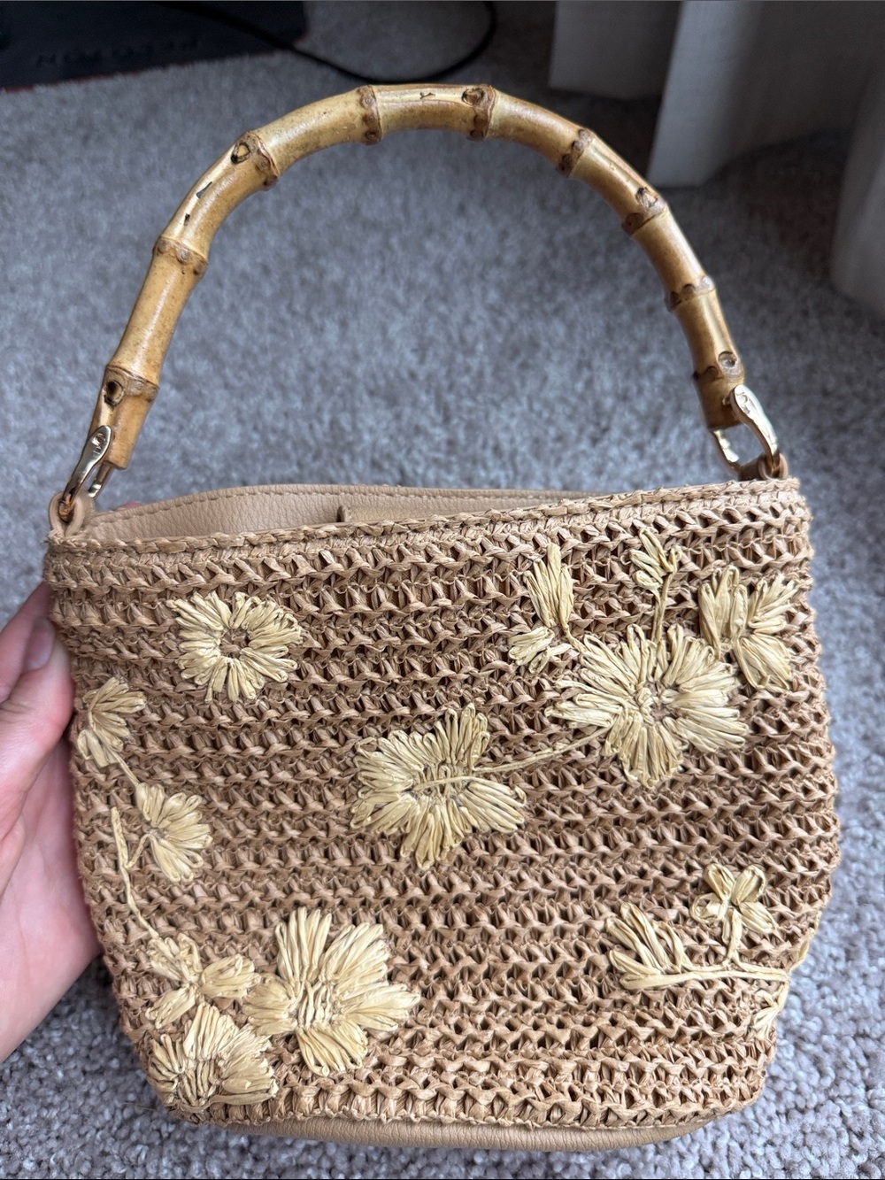 NWT A new day floral woven straw bucket bag bamboo handle